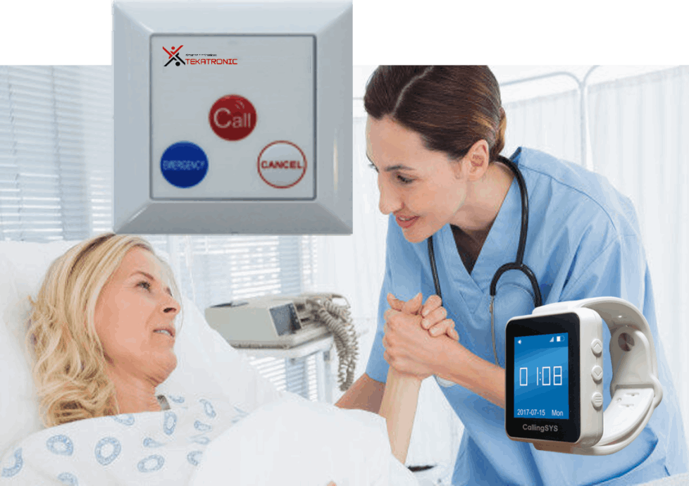 Sistema de llamado de enfermería inalámbrico con pulsador y reloj receptor